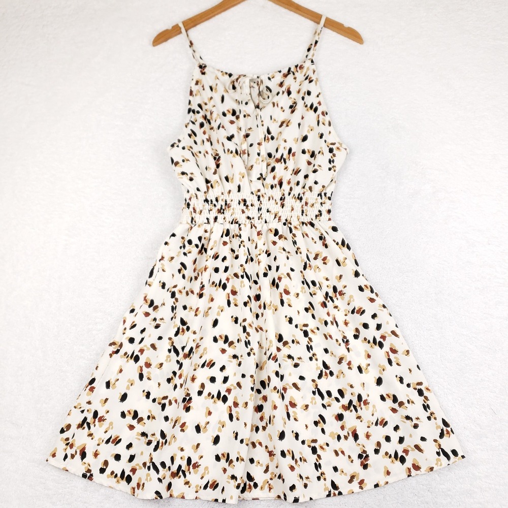 Unbranded Abstract Leopard Print Smocked Waist Halter Mini Dress White Small